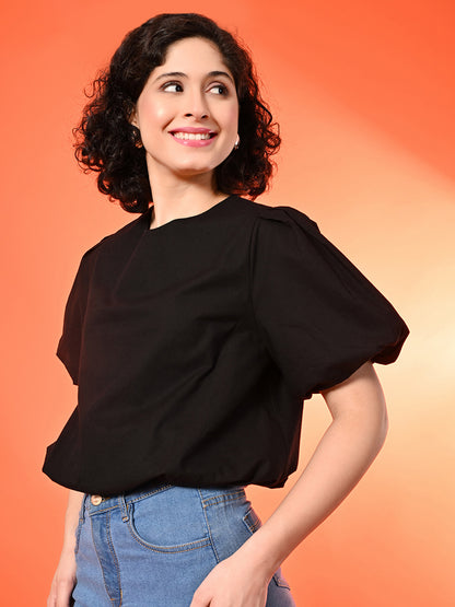 Casual Balloon Sleeve Solid Women Black Top