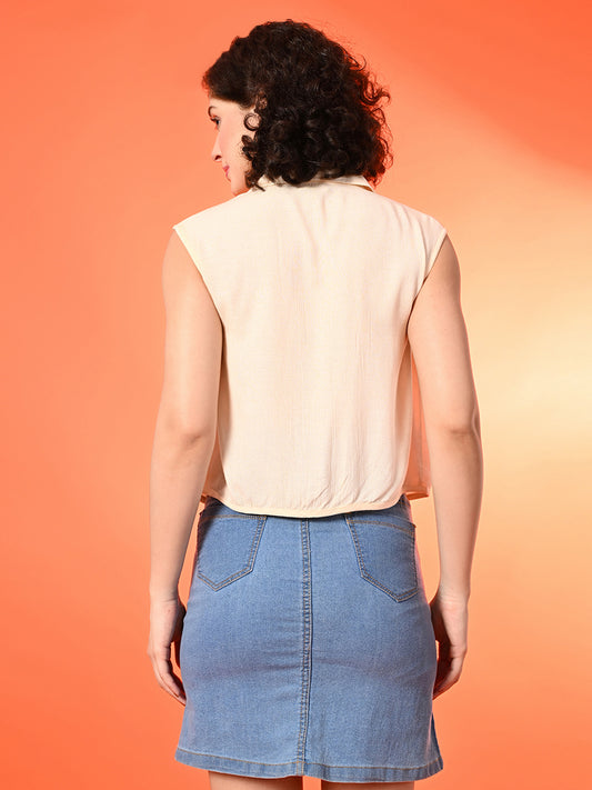 Casual Sleeveless Solid Women Beige Top