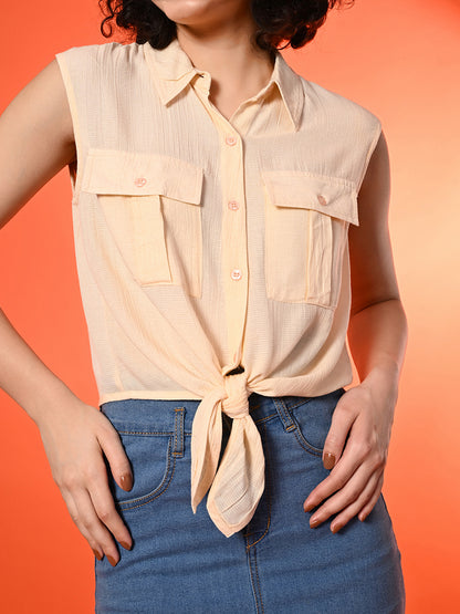 Casual Sleeveless Solid Women Beige Top