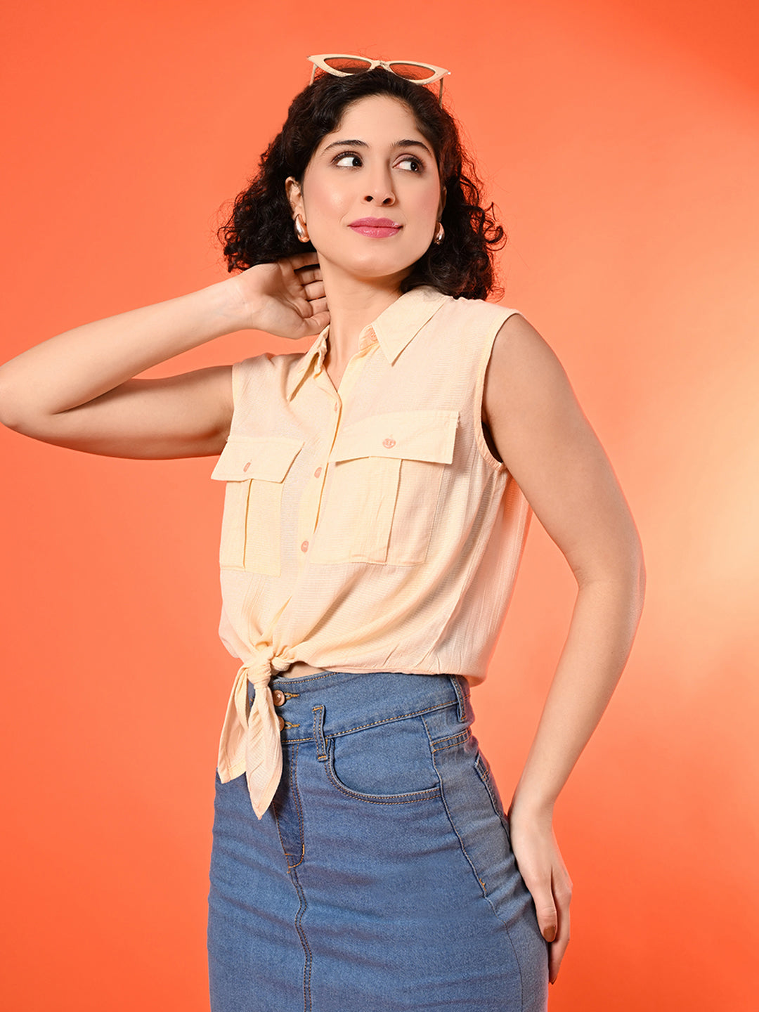 Casual Sleeveless Solid Women Beige Top