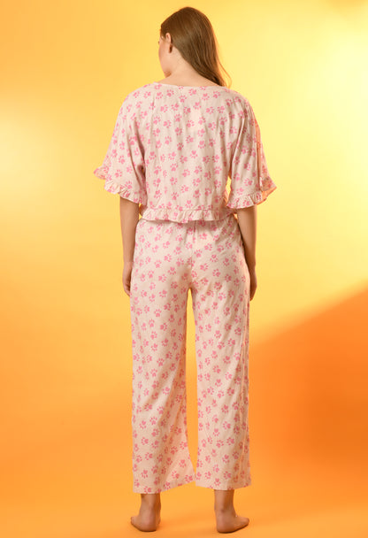 Women Top & Pyjama Set Pink Solid