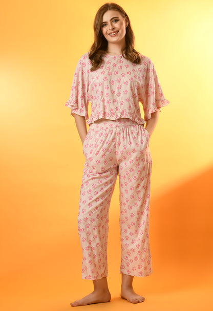 Women Top & Pyjama Set Pink Solid