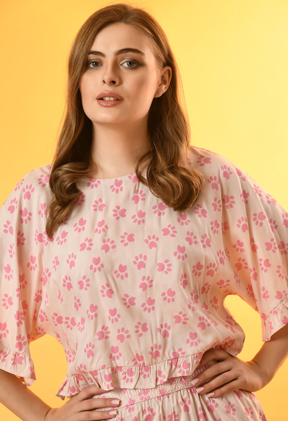 Women Top & Pyjama Set Pink Solid