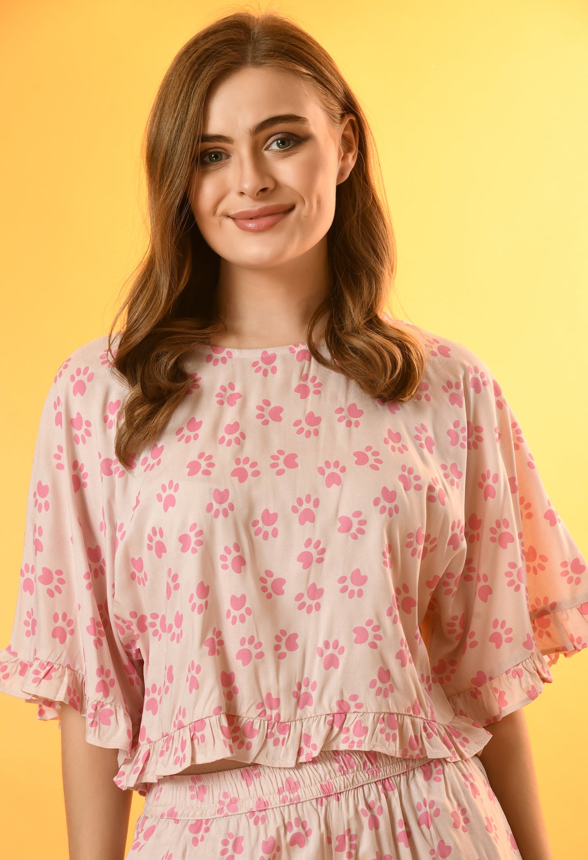 Women Top & Pyjama Set Pink Solid