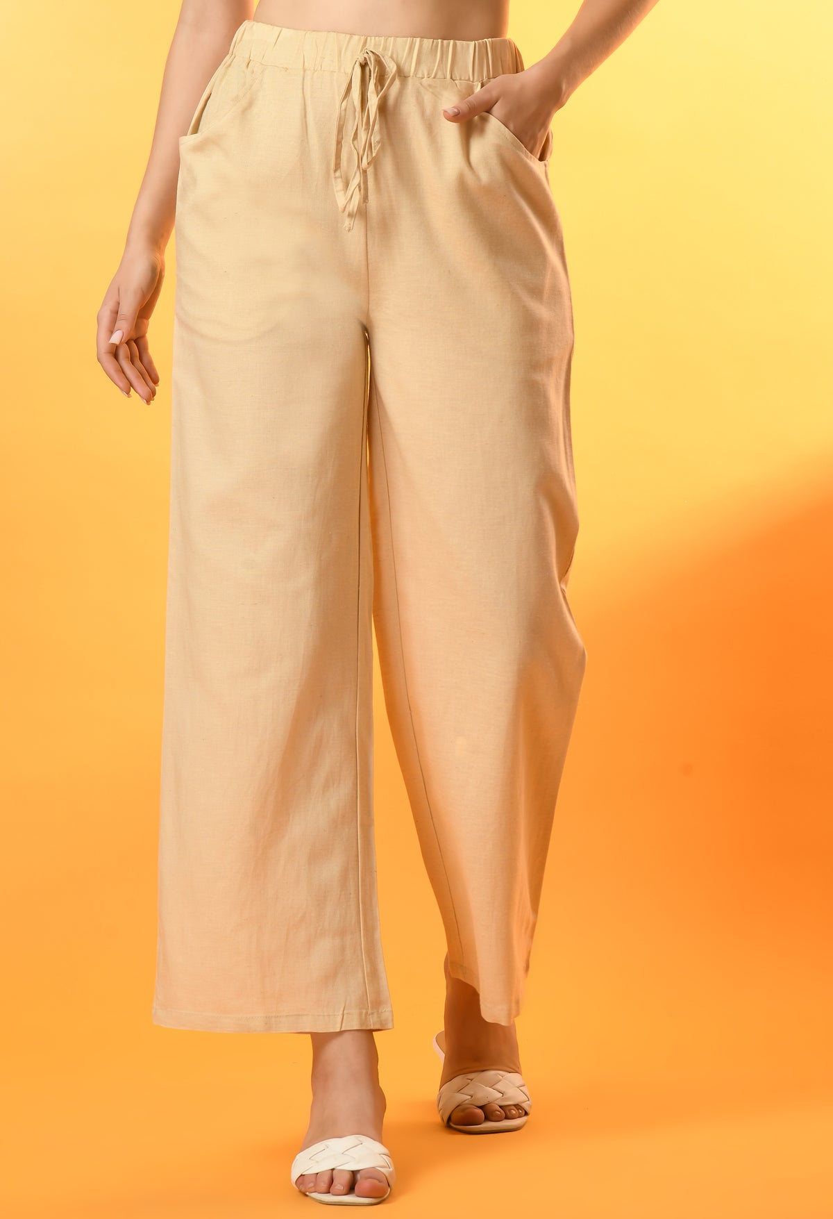 Women Regular Fit Beige Viscose Rayon Trousers