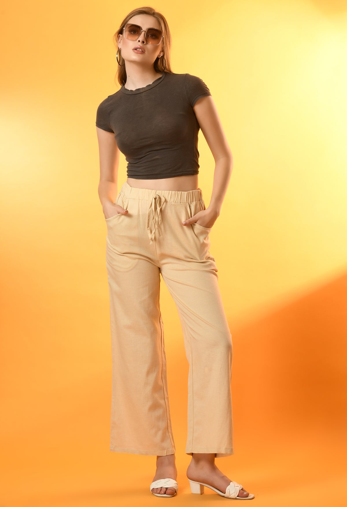Women Regular Fit Beige Viscose Rayon Trousers