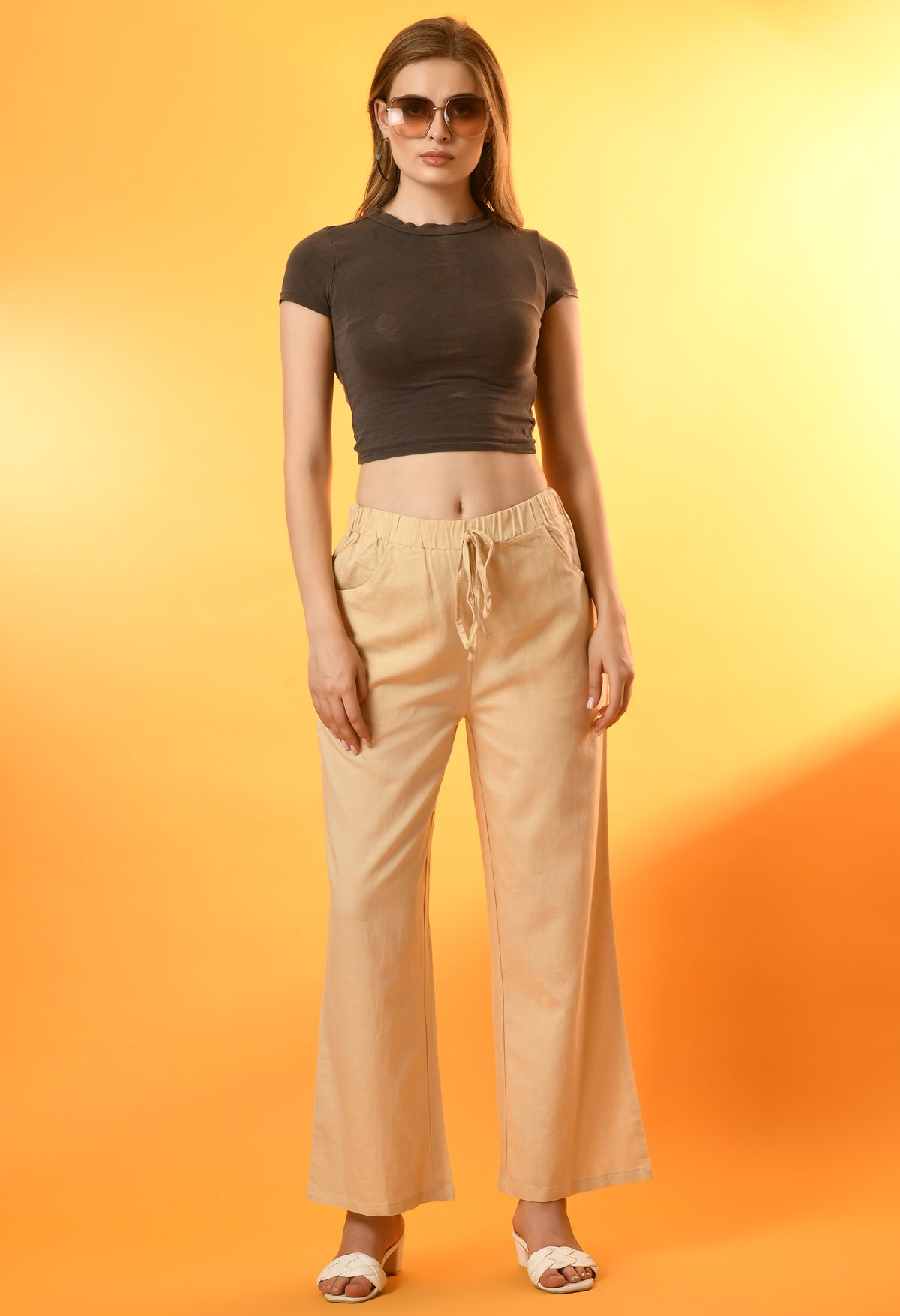 Women Regular Fit Beige Viscose Rayon Trousers