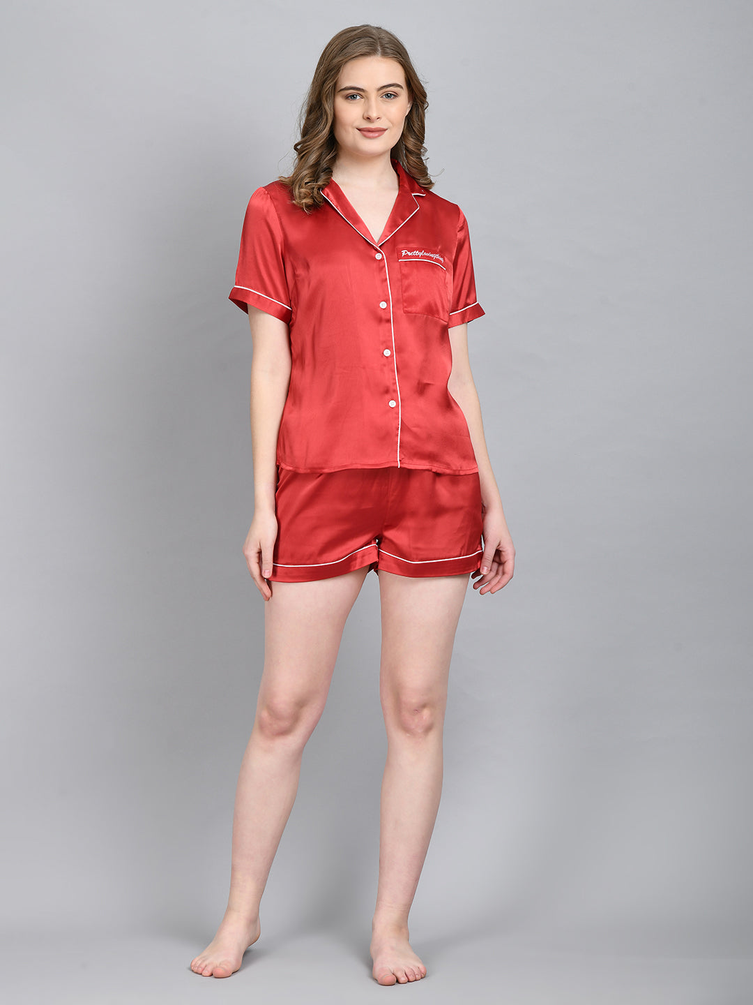 Women Top & Shorts Set Red Solid