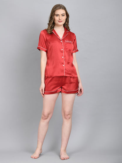 Women Top & Shorts Set Red Solid
