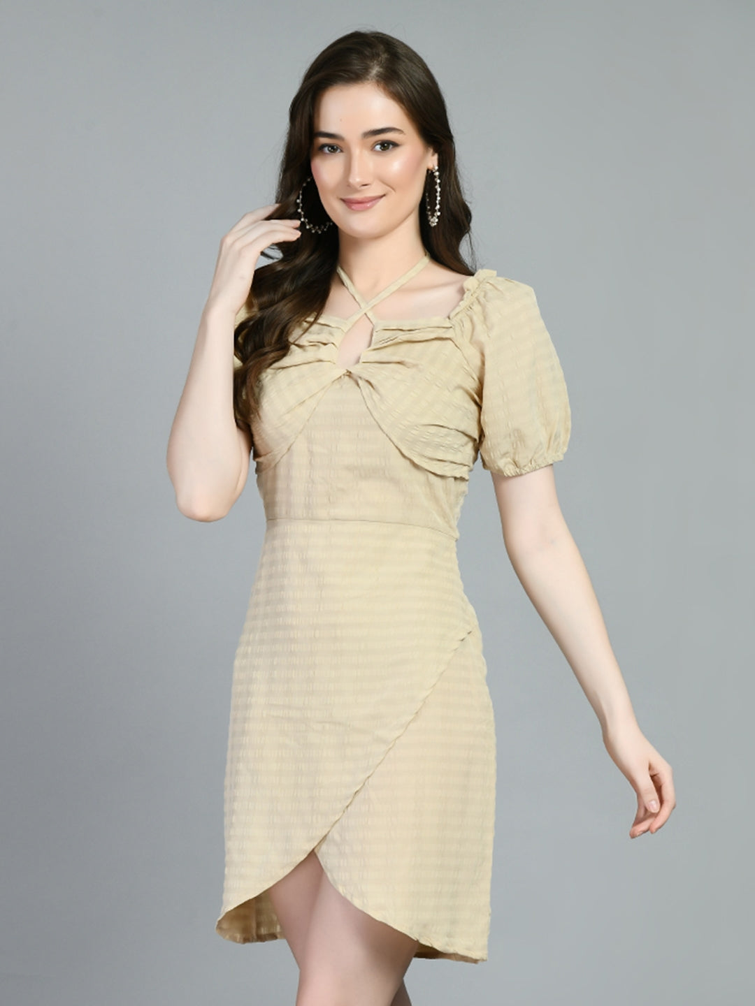 Women Bodycon Beige Above Knee/Mid Thigh Length Dress
