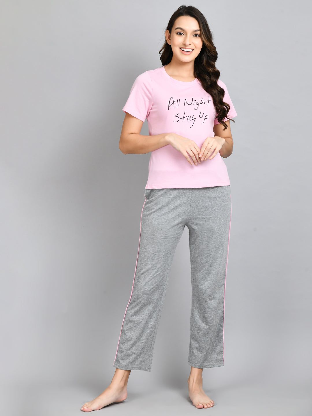 Women Top & Pyjama Set Pink Printed