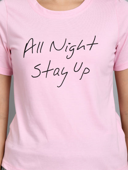 Women Top & Pyjama Set Pink Printed