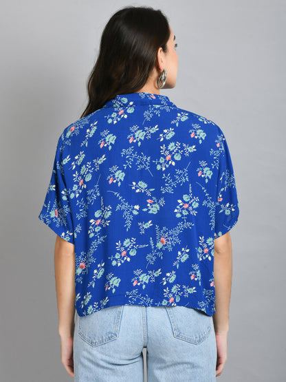 Casual Regular Sleeves Printed Women Blue Top