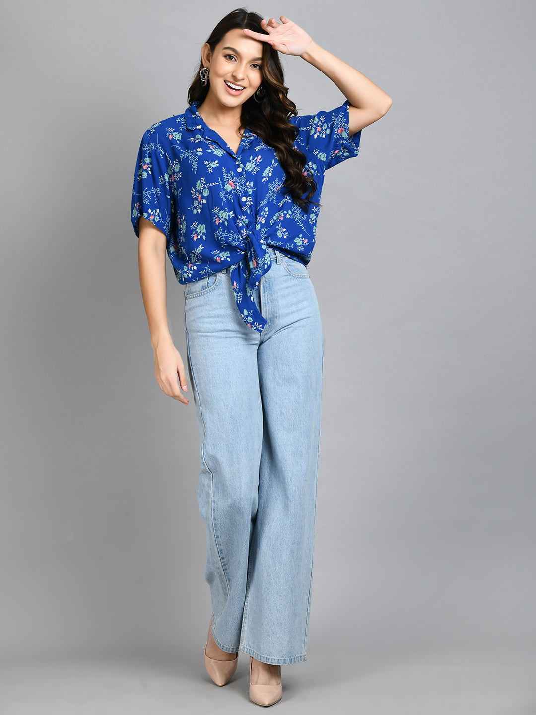 Casual Regular Sleeves Printed Women Blue Top