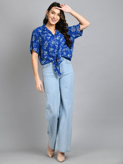 Casual Regular Sleeves Printed Women Blue Top
