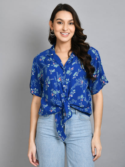 Casual Regular Sleeves Printed Women Blue Top