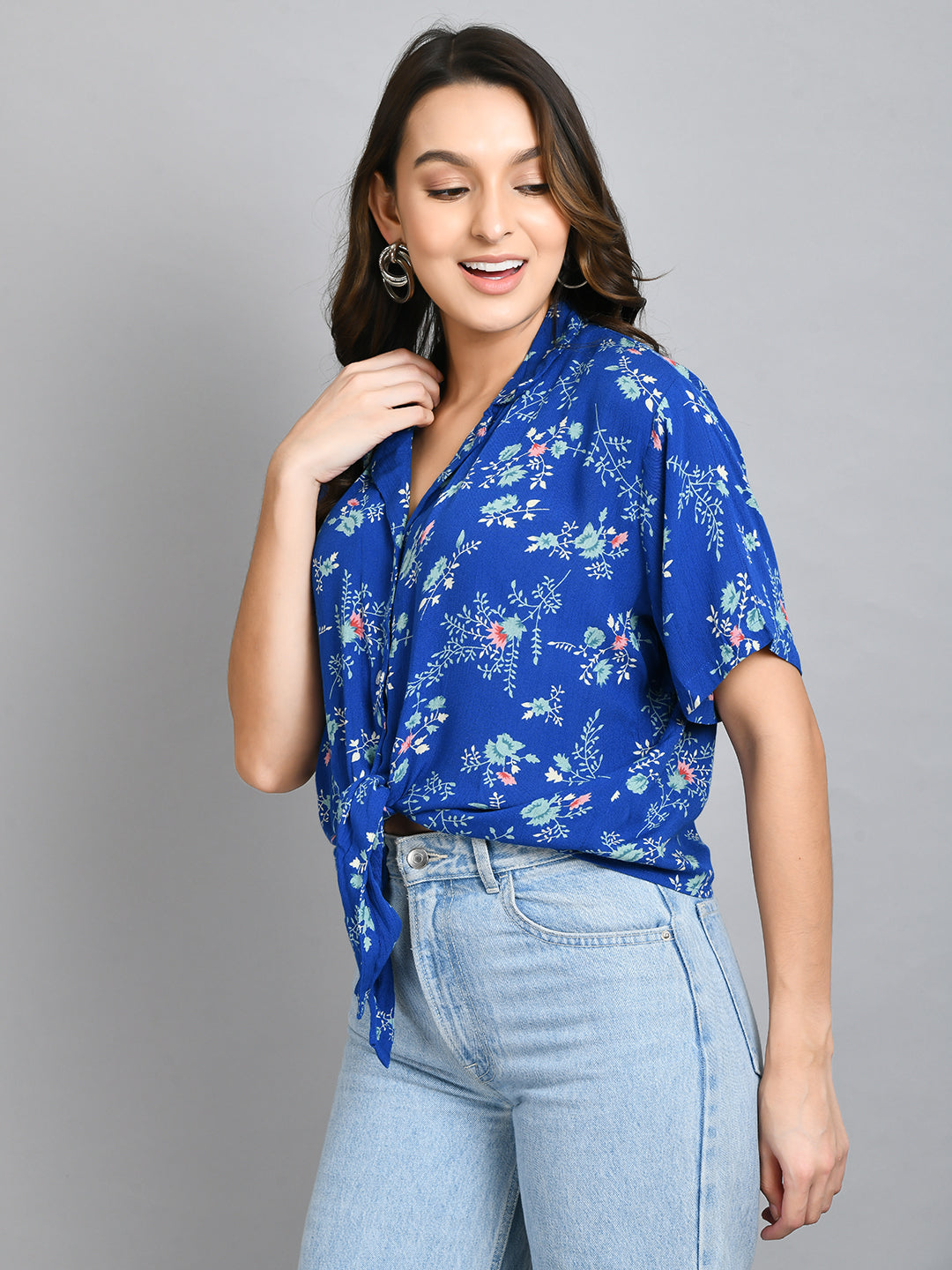 Casual Regular Sleeves Printed Women Blue Top