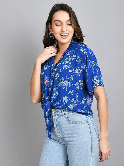 Casual Regular Sleeves Printed Women Blue Top