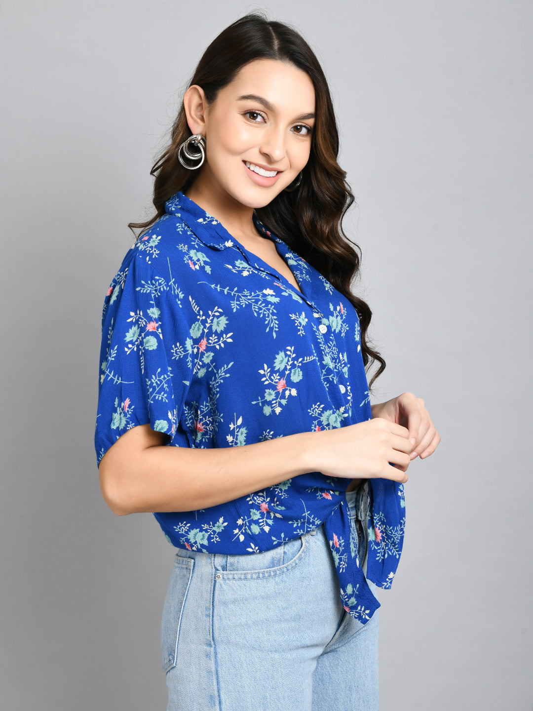 Casual Regular Sleeves Printed Women Blue Top