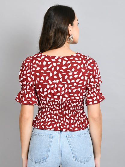 Casual Puff Sleeves Printed Women Maroon, White Top