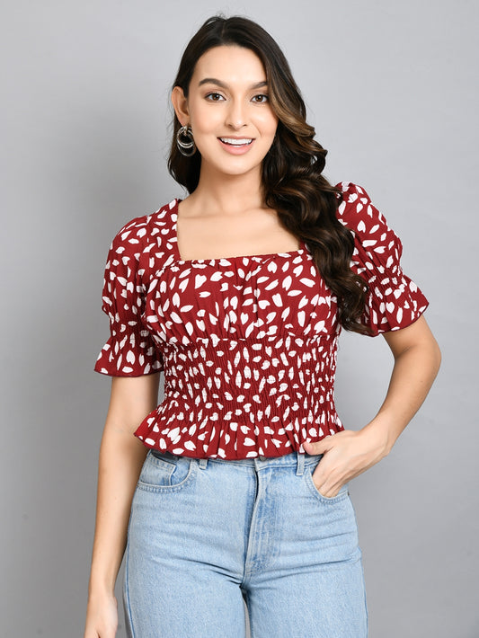 Casual Puff Sleeves Printed Women Maroon, White Top