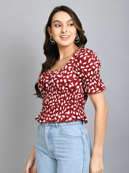 Casual Puff Sleeves Printed Women Maroon, White Top