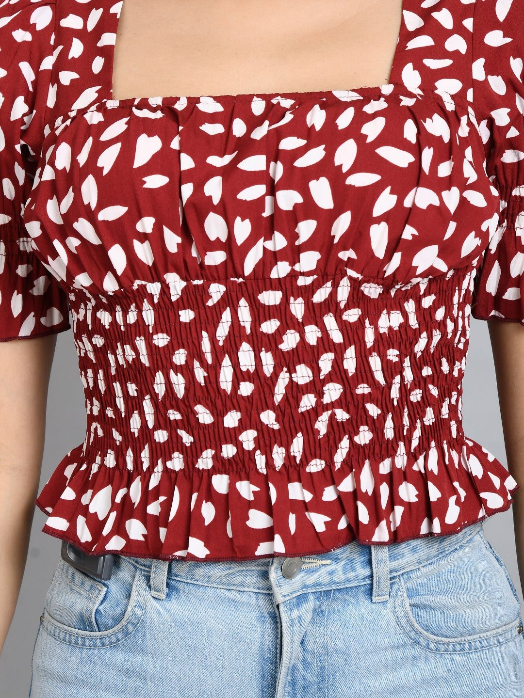 Casual Puff Sleeves Printed Women Maroon, White Top