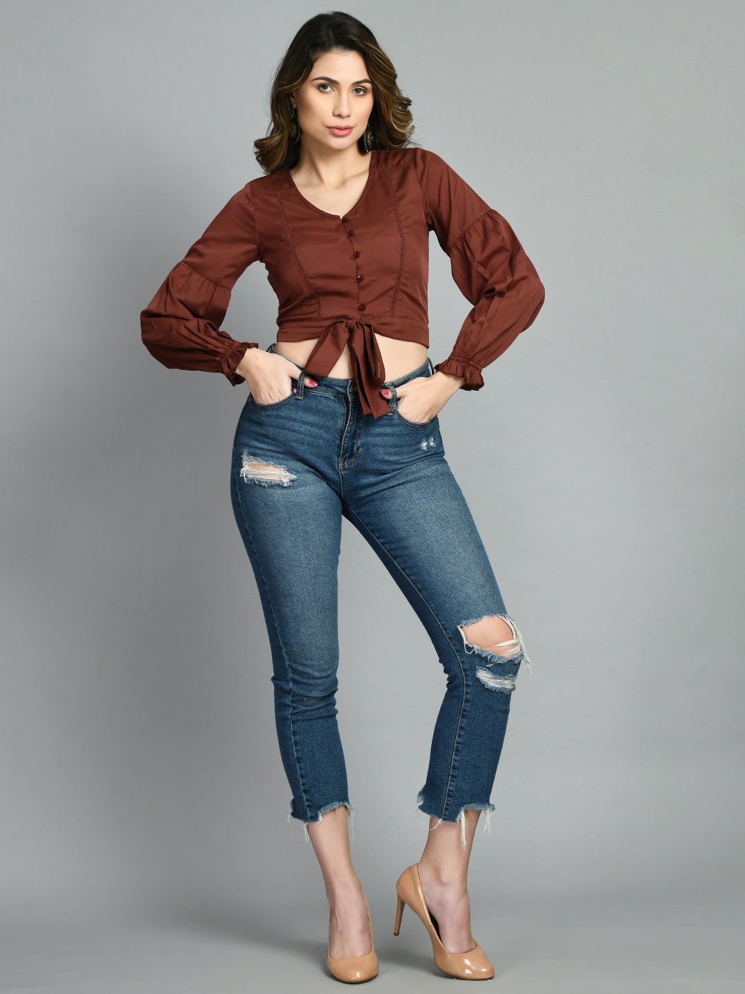 Casual Puff Sleeves Solid Women Brown Top