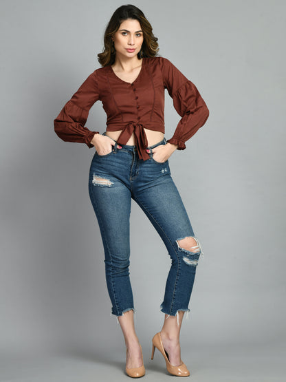 Casual Puff Sleeves Solid Women Brown Top