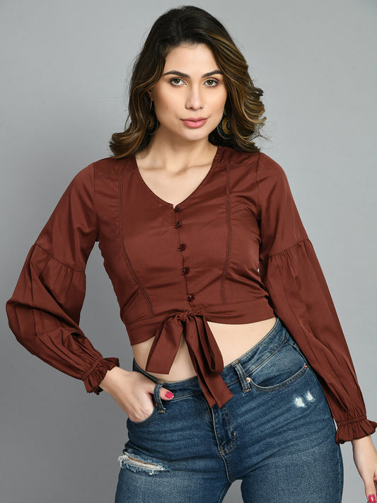 Casual Puff Sleeves Solid Women Brown Top