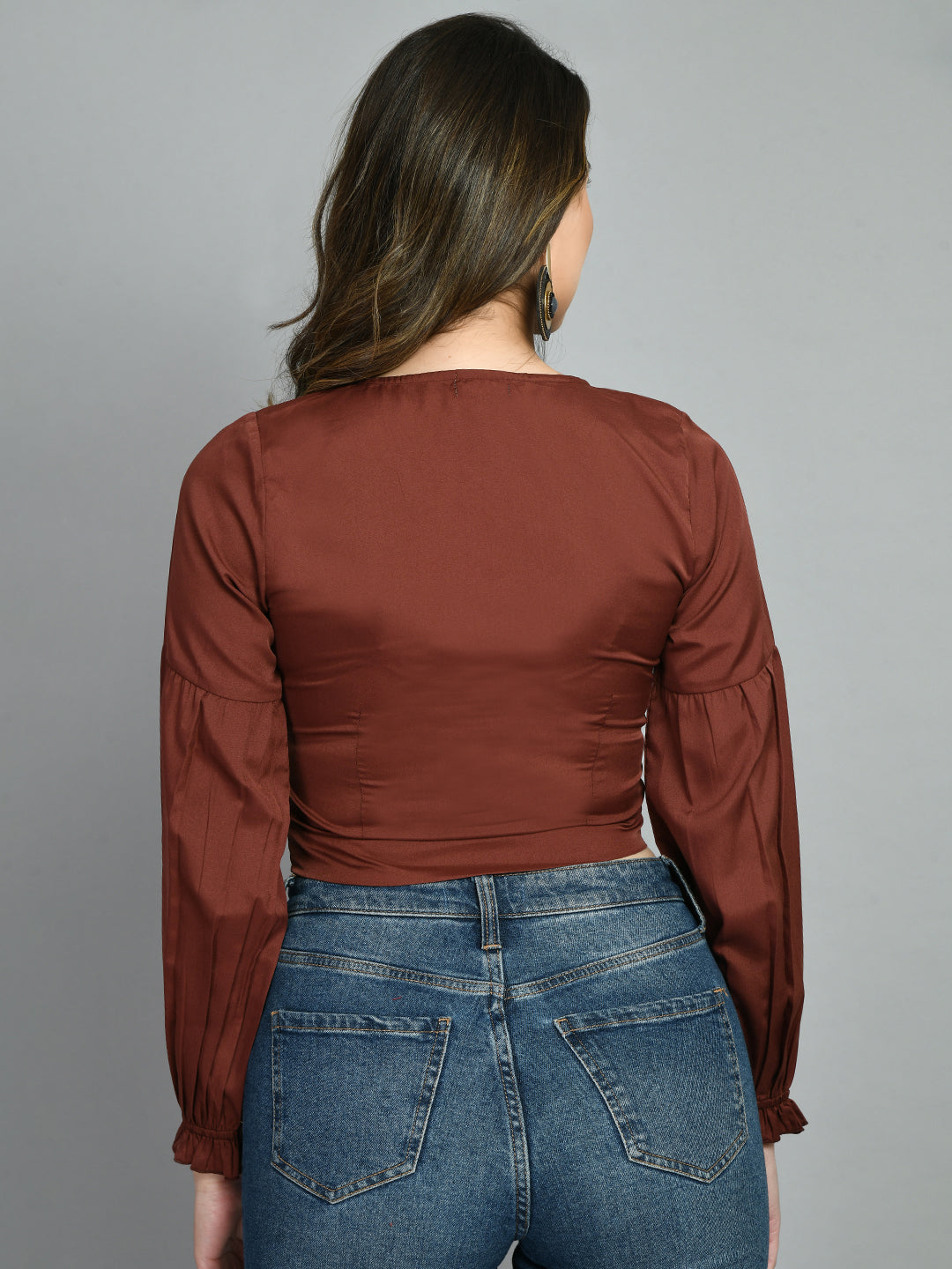 Casual Puff Sleeves Solid Women Brown Top