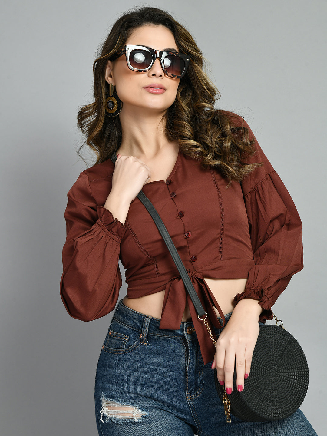 Casual Puff Sleeves Solid Women Brown Top