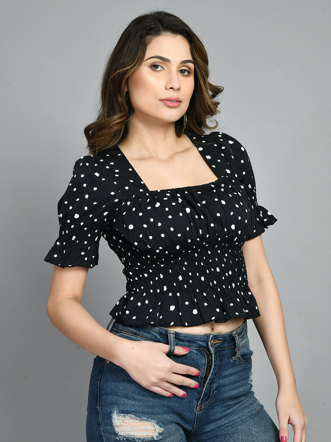 Casual Puff Sleeves Printed Women Black Top