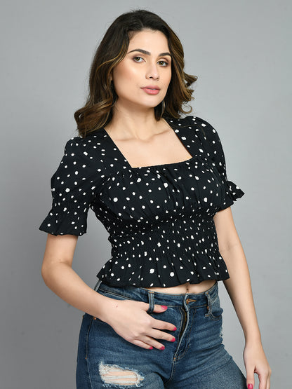 Casual Puff Sleeves Printed Women Black Top