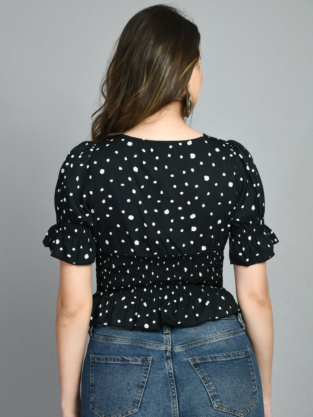 Casual Puff Sleeves Printed Women Black Top