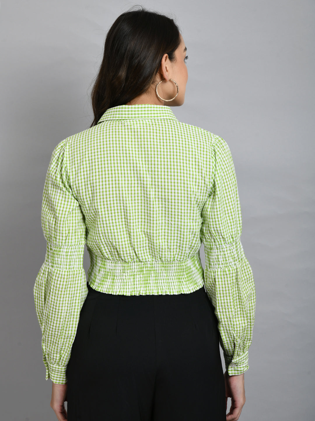 Casual Puff Sleeves Checkered Women Green Top
