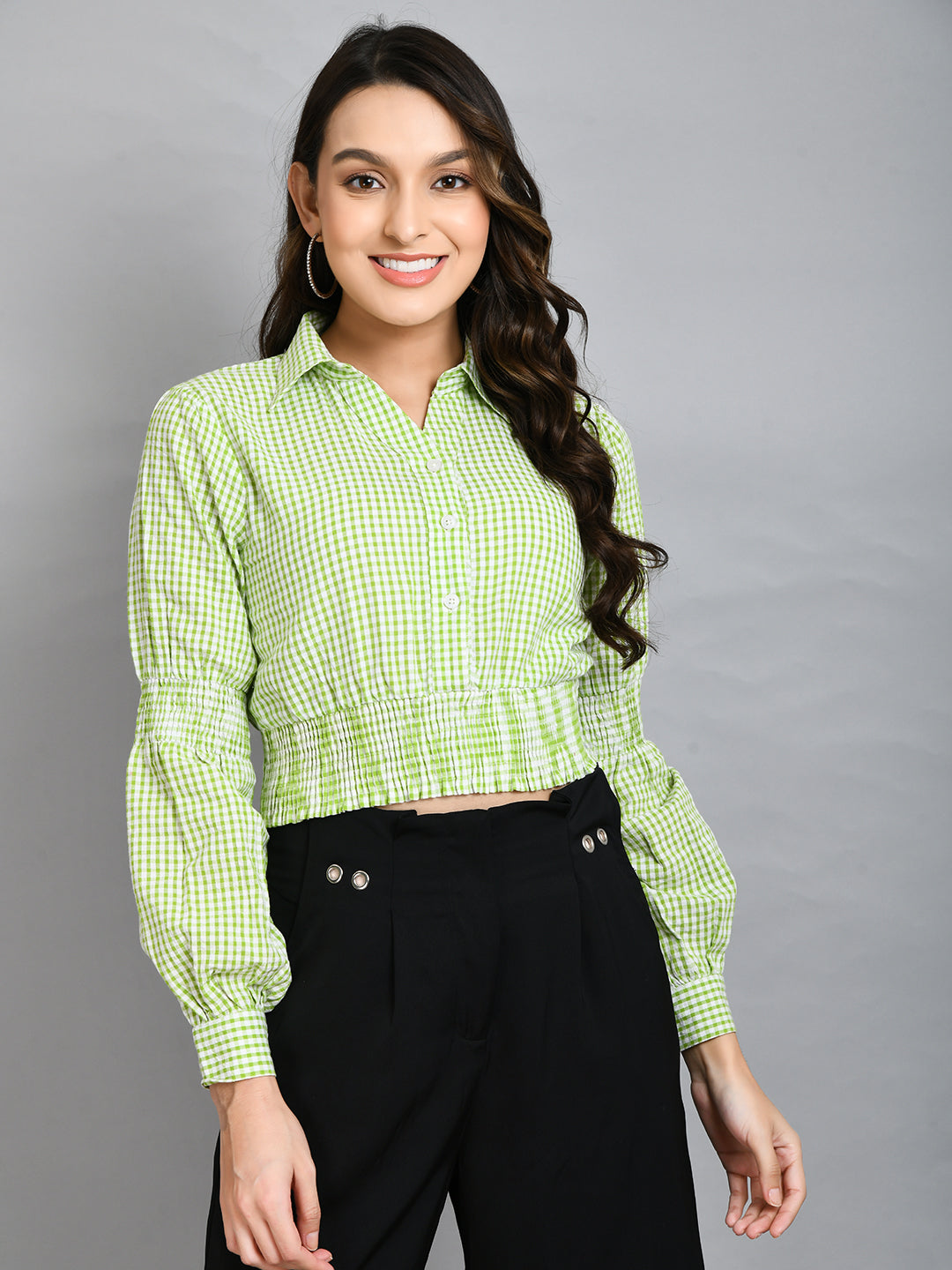 Casual Puff Sleeves Checkered Women Green Top