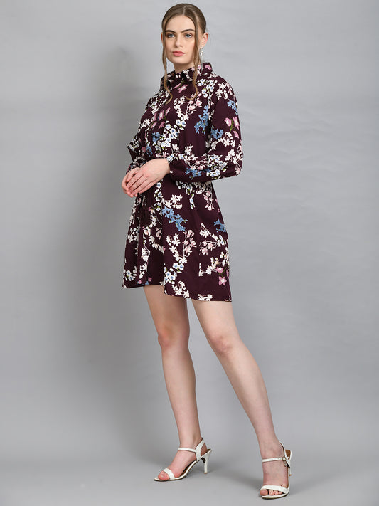 Women's Maroon Floral Print Full Sleeve Mini Shirt Dress