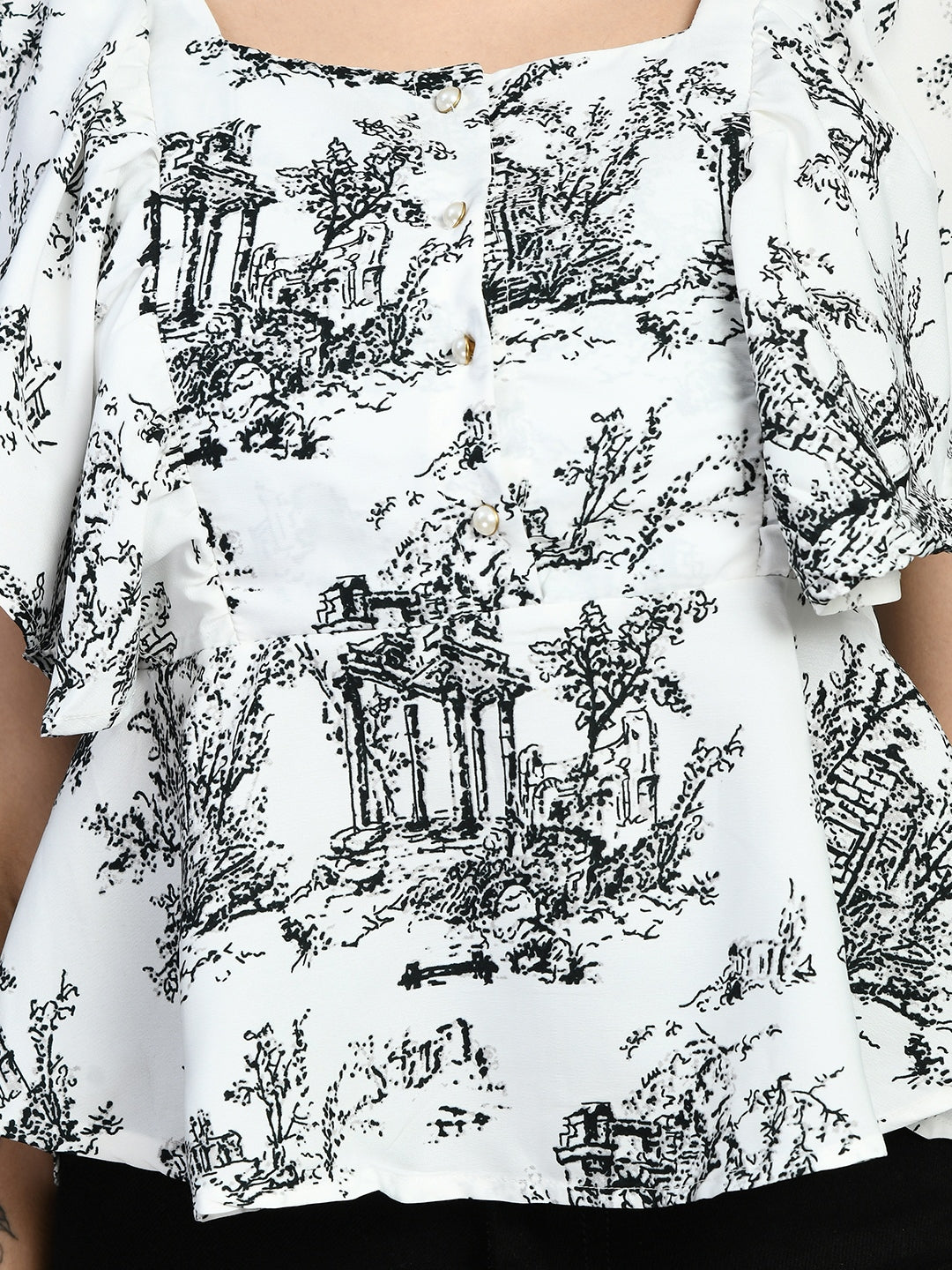 Casual Ruffled Sleeves Printed Women White Top