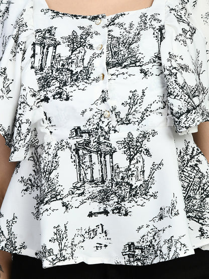 Casual Ruffled Sleeves Printed Women White Top