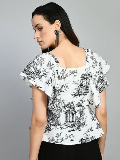 Casual Ruffled Sleeves Printed Women White Top
