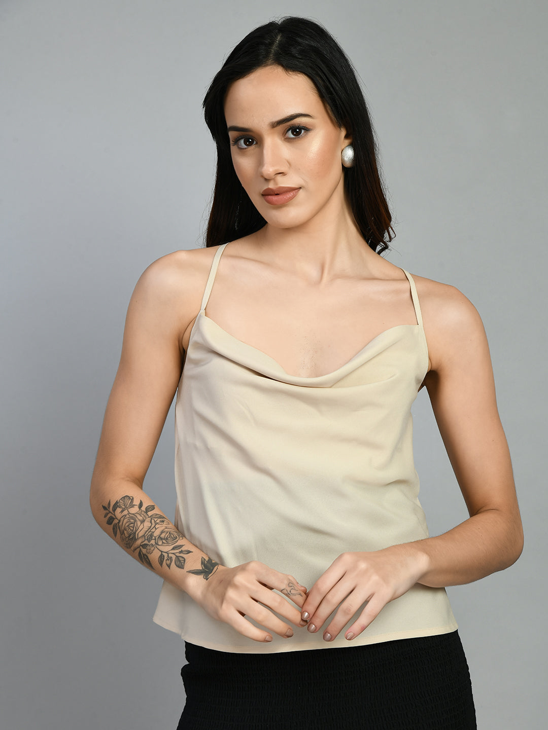 Casual Noodle Straps Solid Women Beige Top