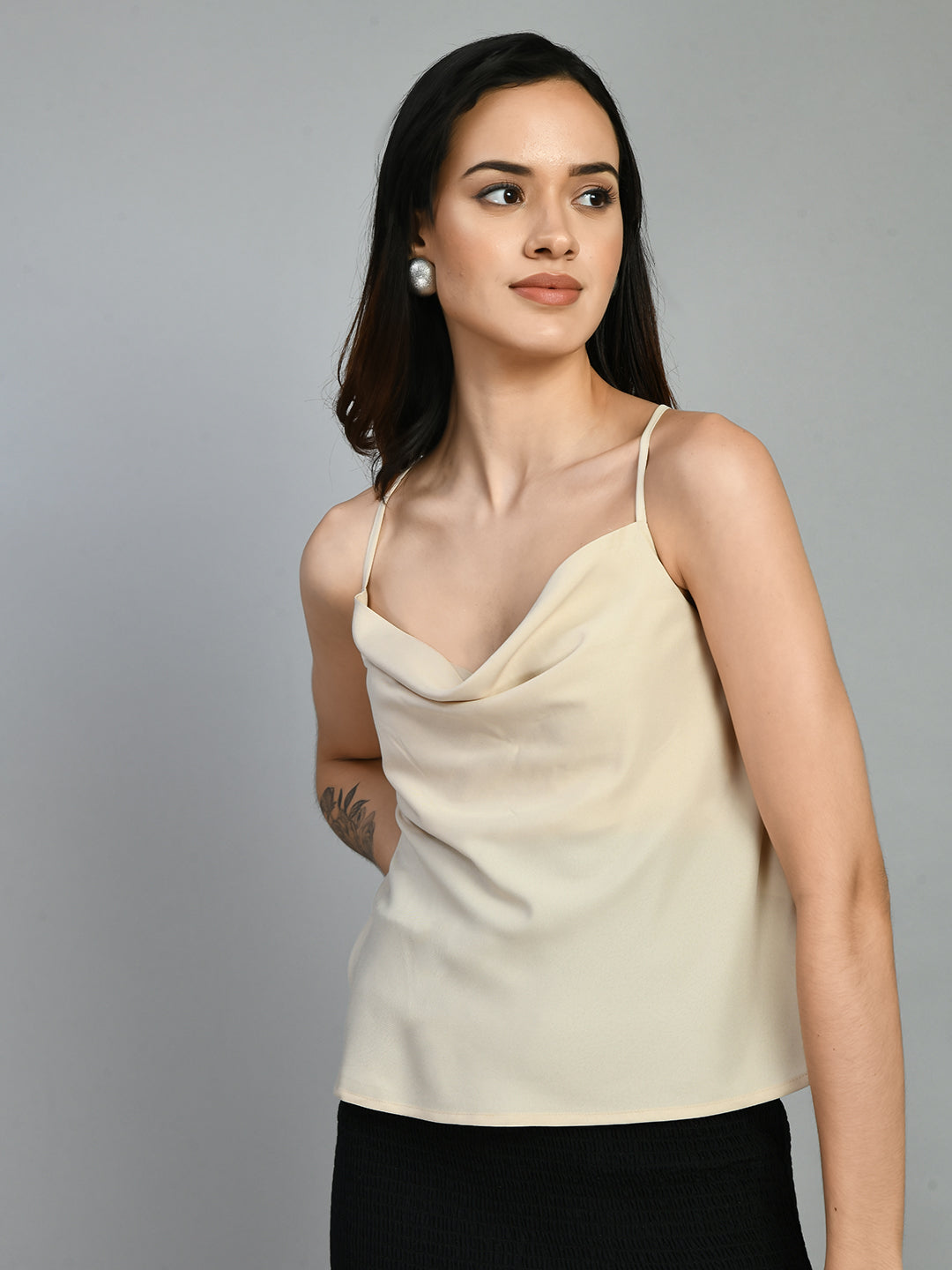 Casual Noodle Straps Solid Women Beige Top
