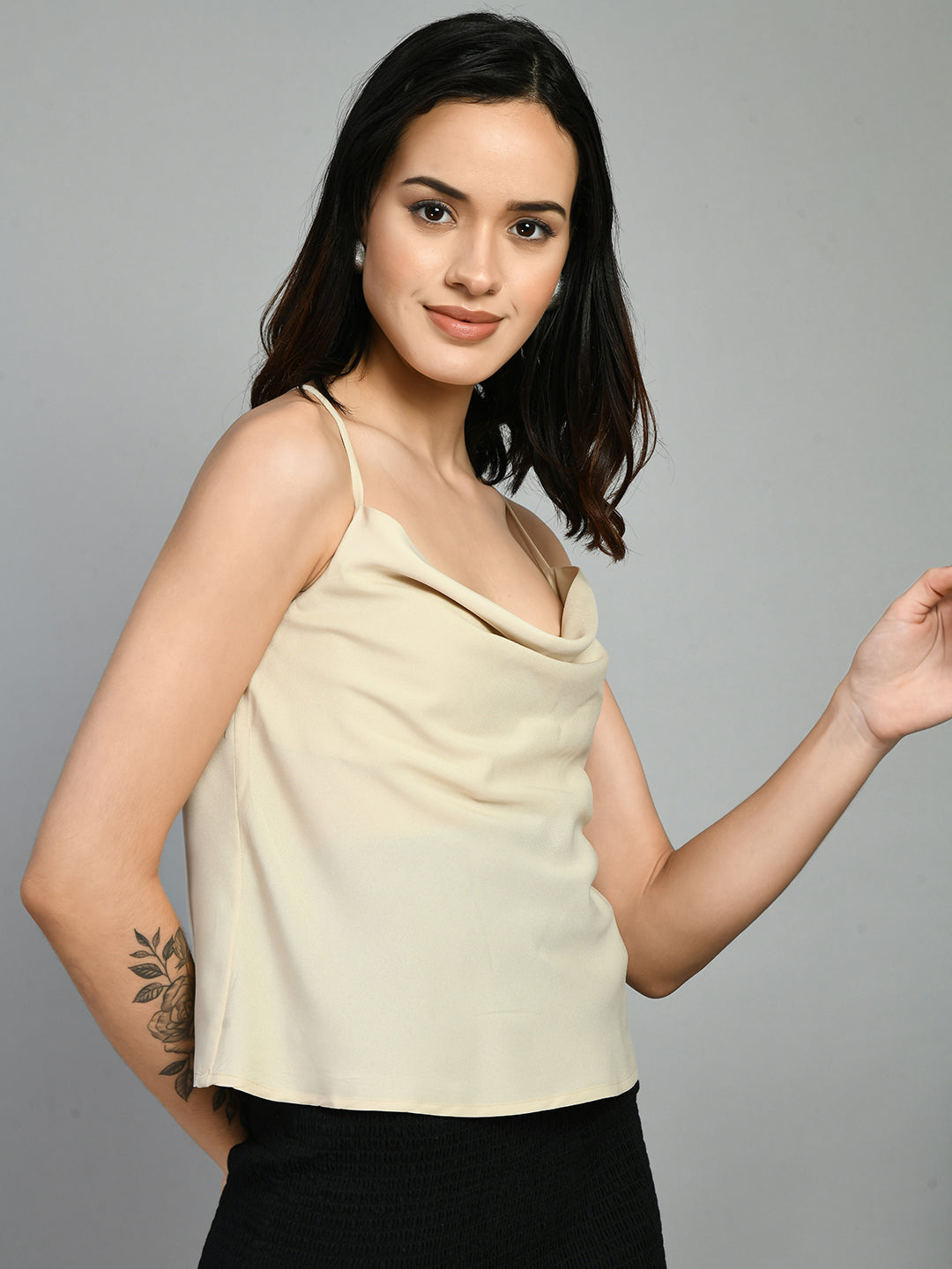 Casual Noodle Straps Solid Women Beige Top