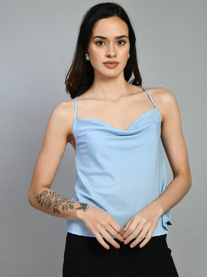 Casual Shoulder Straps Solid Women Light Blue Top