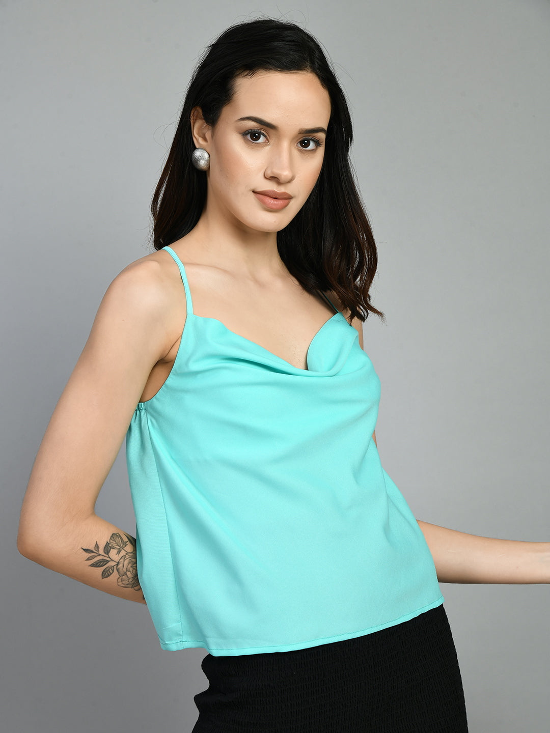 Casual Noodle Straps Solid Women Blue Top