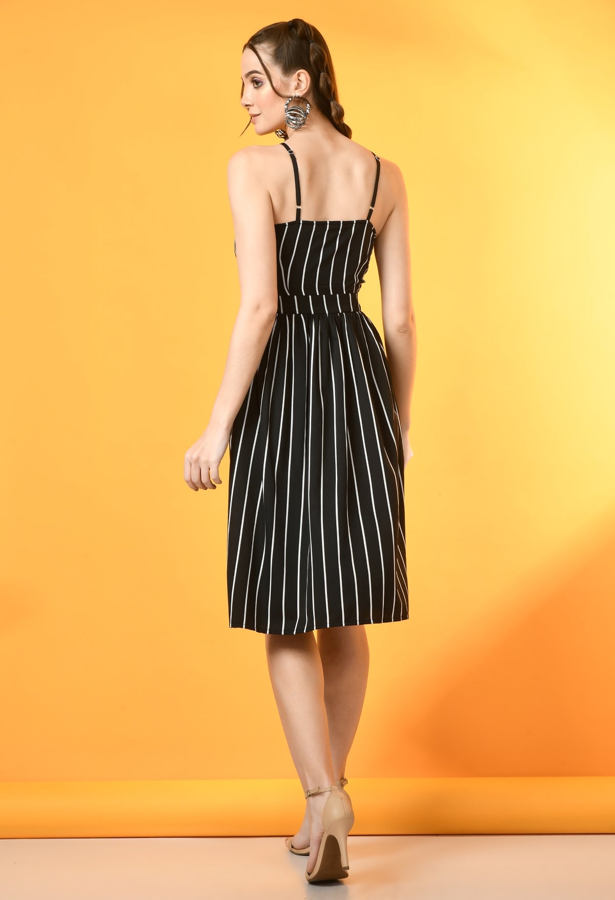 Women Fit and Flare Black, White Knee Length Dress