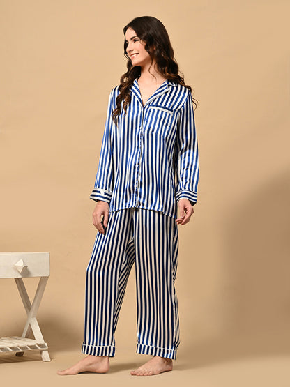 Women Shirt & Pyjama set Blue, White Striped