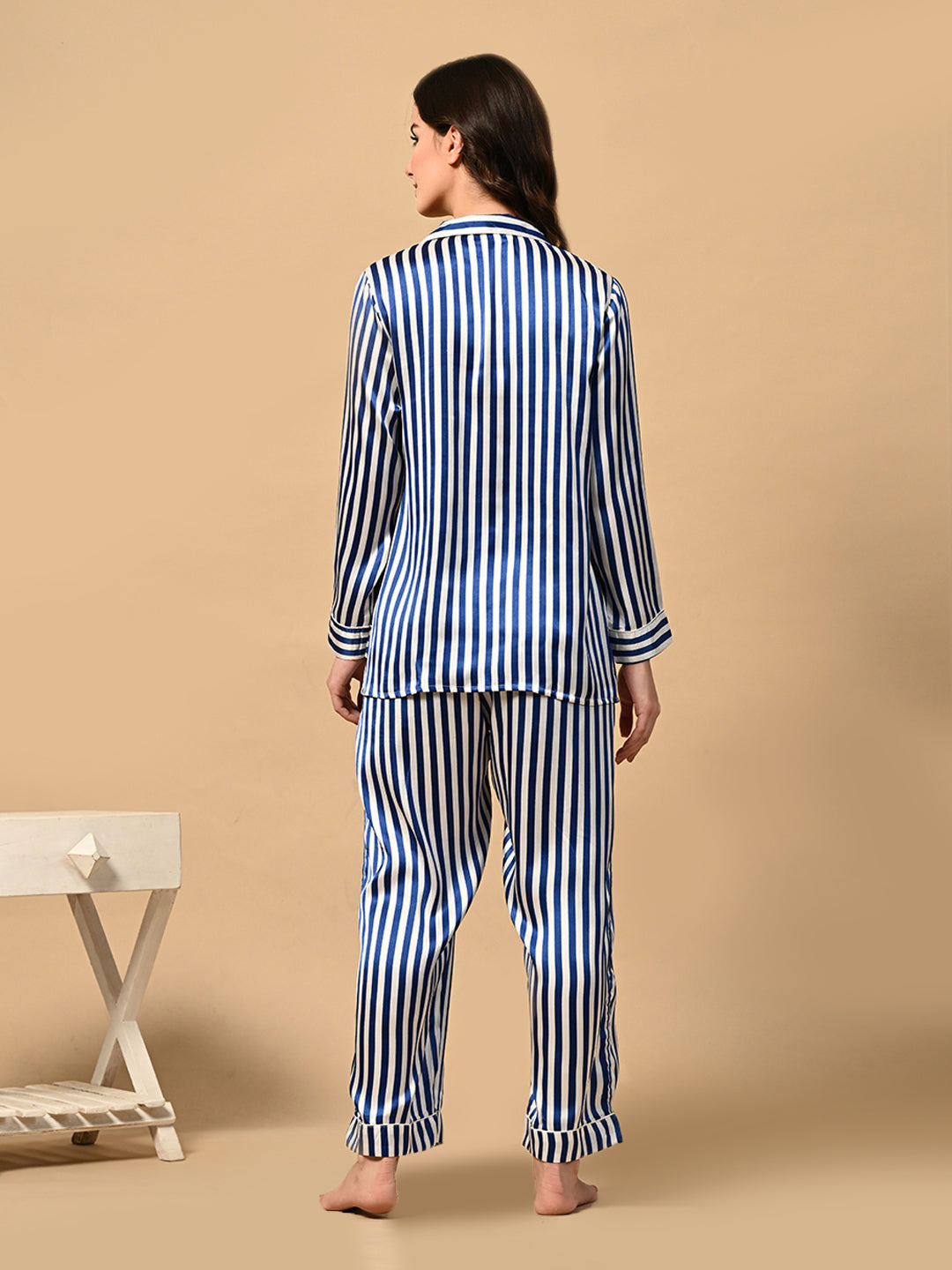 Women Shirt & Pyjama set Blue, White Striped
