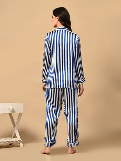 Women Shirt & Pyjama set Blue, White Striped